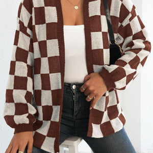 Checkered Open Front Long Sleeve Cardigan