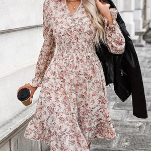 Ruffle Hem Floral Surplice Long Sleeve Dress