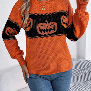 Pumpkin Round Neck Long Sleeve Sweater