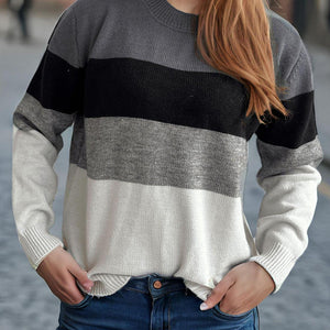 Color Block Round Neck Long Sleeve Sweater