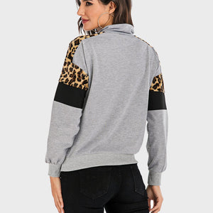 Perfee Contrast Leopard Half Zip Long Sleeve Sweatshirt