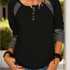 Full Size Striped Quarter Button Long Sleeve T-Shirt