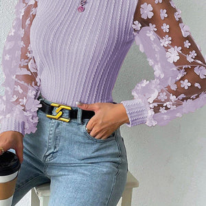 Double Take Textured Applique Long Sleeve Blouse