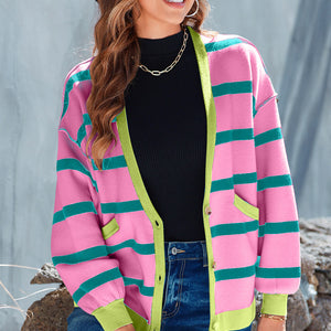 Striped Button Up Long Sleeve Cardigan