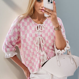 Double Take Tied Checkered Dropped Shoulder Flounce Sleeve Cardigan