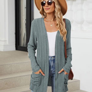 Pocketed Open Front Long Sleeve Cardigan