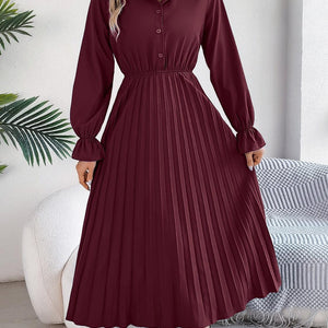 Pleated Half Button Long Sleeve Midi Dress