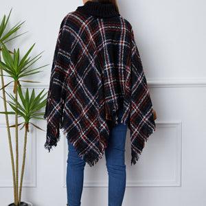 Shiny Turtleneck Plaid Raw Hem Sweater