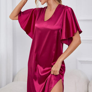 Satin Flutter Sleeve Side Slit V-Neck Night Dress