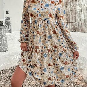 Ruffled Printed Round Neck Long Sleeve Dress