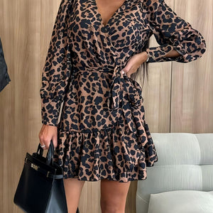 Tied Leopard Surplice Long Sleeve Dress