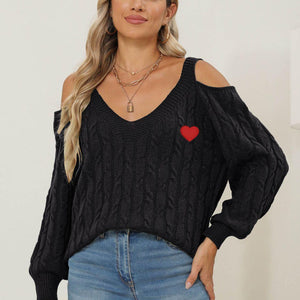 Cable-Knit Heart V-Neck Sweater