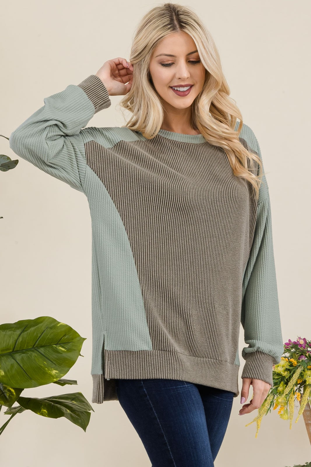 Celeste Full Size High-Low Contrast Round Neck Sweatshirt