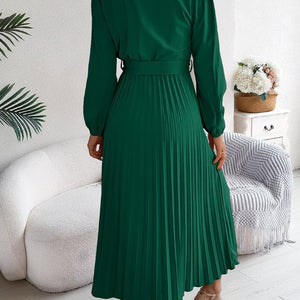 Pleated Tied V-Neck Long Sleeve Dress