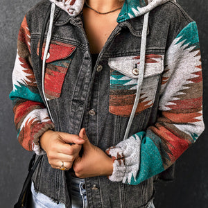 Drawstring Hooded Pocketed Denim Jacket