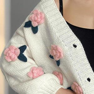 Flower Button Down V-Neck Long Sleeve Cardigan