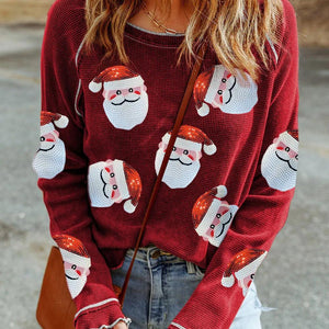 Sequin Santa Round Neck Long Sleeve Blouse