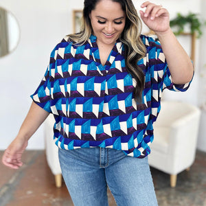 Double Take Full Size Geometric Notched Half Sleeve Blouse