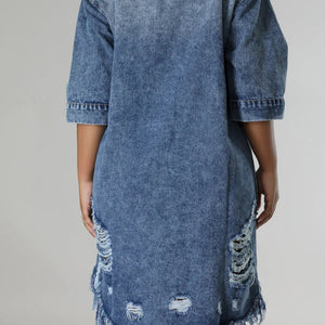 Distressed Raw Hem Button Up Denim Dress