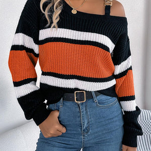 Color Block Asymmetrical Neck Long Sleeve Sweater