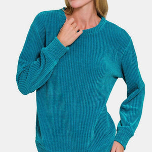 Zenana Chenille Waffle Round Neck Sweater