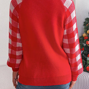 Reindeer Plaid Round Neck Long Sleeve Sweater