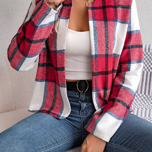 Plaid Open Front Long Sleeve Jacket