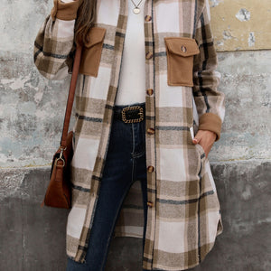 Perfee Plaid Button Up Long Sleeve Coat