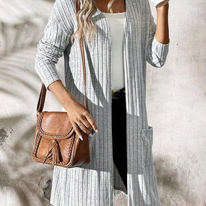 Ribbed Open Front Long Sleeve Cardigan with Pockets