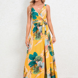 Slit Tied Printed Surplice Dress