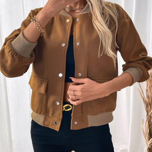 Perfee Baseball Collar Snap Down Long Sleeve Jacket