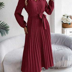 Pleated Tied V-Neck Long Sleeve Dress