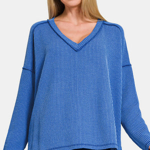 Zenana Texture Exposed Seam V-Neck Long Sleeve T-Shirt