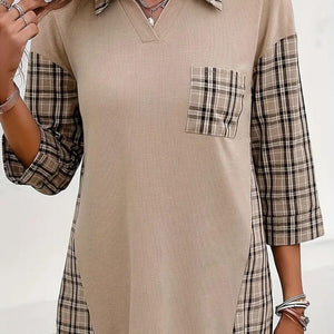 Plaid Johhny Collar Three-Quarter Sleeve T-Shirt