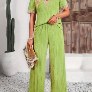 V-Neck Short Sleeve Top and Pants Set