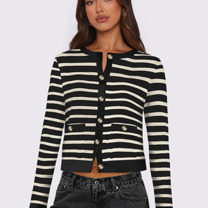 Striped Round Neck Button Up Long Sleeve Cardigan