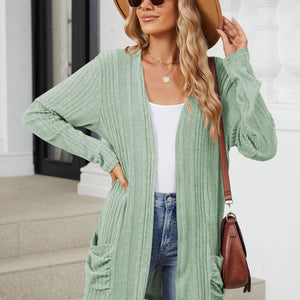 Pocketed Open Front Long Sleeve Cardigan