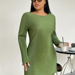 Honey Plus Size Lettuce Hem Round Neck Long Sleeve Dress