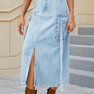 Slit Pocketed High Waist Denim Skirt