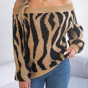 Off-Shoulder Animal Print Long Sleeve Sweater