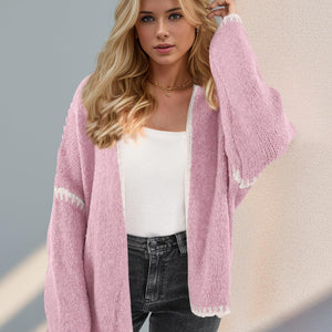 Double Take Contrast Open Front Dropped Shoulder Cardigan