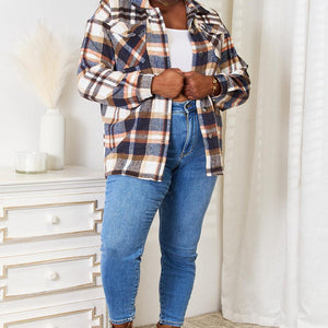 Double Take Plaid Button Front Shirt Jacket with Breast Pockets