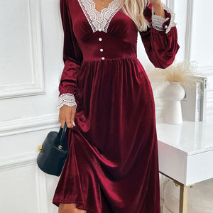 Perfee Lace Detail V-Neck Long Sleeve Midi Dress