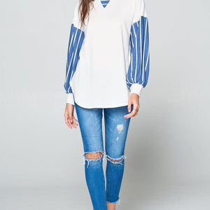 Super Lady Full Size French Terry Striped Long Sleeve Top