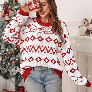 Perfee Contrast Geometric Round Neck Long Sleeve Sweater