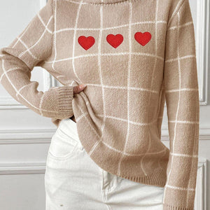 Heart Plaid Turtleneck Long Sleeve Sweater