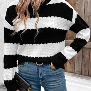 Perfee Striped Round Neck Long Sleeve Sweater