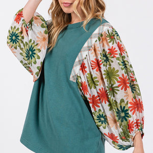 SAGE + FIG Full Size Printed Balloon Sleeve Contrast Top