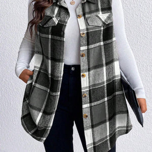 Honey Plus Size Pocketed Plaid Button Up Vest Coat