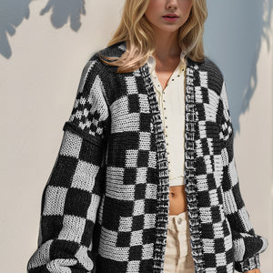 Double Take Full Size Open Front Checkered Drop Shoulder Cardigan